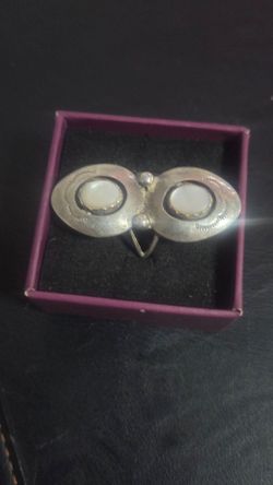 Vintage Southwestern Sterling Silver Mother of Pearl Double Cabochon Statement Ring - Size 6.5, Hallmarked 1.75"
