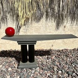 Memphis Style Double Black Tubular Pedestal with Gray Stucco Finish Top & Red Sphere Console Table