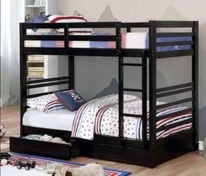 Brand New Black Twin Size Bunk Bed w Trundle Drawers