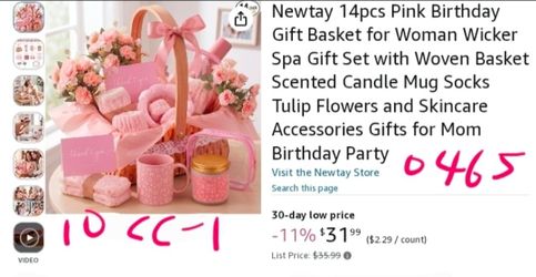 Newtay 14pcs Pink Birthday Gift Basket for Woman Wicker Spa Gift Set with Woven Basket Scented Candle Mug Socks Tulip Flowers and Skincare Accessories