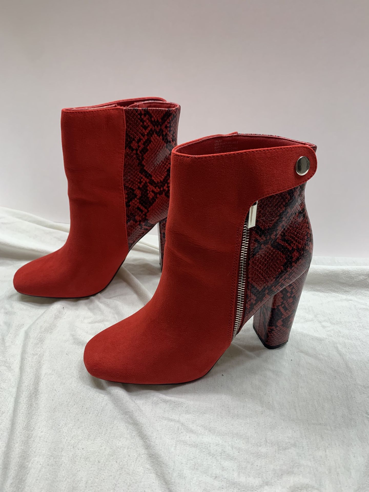 Red Suede Ankle Boots with Snake Skin Print and Zipper Size 9.5