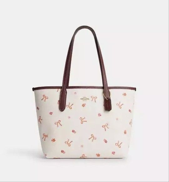 Coach Zip Top Tote With Bow Print CN627 Chalk/ Wine Burgundy