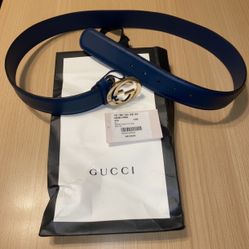 Authentic Gucci Blue Leather Belt – Gold GG Buckle – Size 100 (Like New)