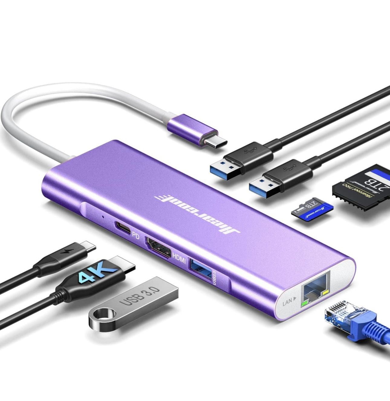 USB C Hub, USB-C Ethernet Dongle 4K@60Hz HDMI Multi-Port Adapter, USBC Docking Station Compatible for MacBook Dell HP Thunderbolt 3 4 Laptops-Purple
