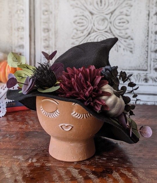 Witch Hat Floral Headpiece-Burgundy And Silver