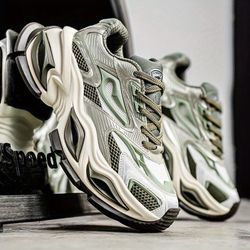 Men's Chunky Sneakers with Green-Gray Mesh Upper, Comfortable Lining, Low-Top Lace-Up Closure, Anti-Slip, Stable Cushioned Sole, Stylish Wear for Dail