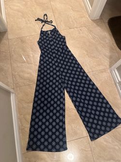 Forever 21 Navy Halter Wide-Leg Jumpsuit with White Medallion Print