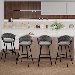 30 Inch Bar Stools Set of 4,Upholstered Barstools with Woven Back and Footorest Velvet Modern Bar Chairs for Kitchen, Dining Room (gray, Set of 4)