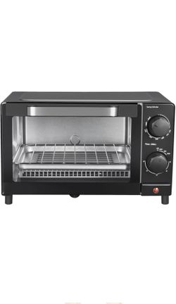Mainstays 4 Slice Toaster Oven with 3 Setting, Baking Rack and Pan, Black, New Factory Sealed