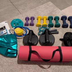 Exercise Ball, Ab Wheel, Weights, Jump Rope, Mat, Rotating Push Up Handles