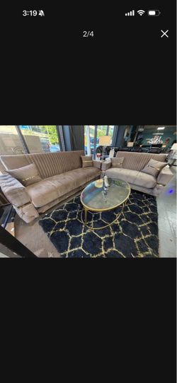 Beige Velvet Sofa Set with Gold Accents