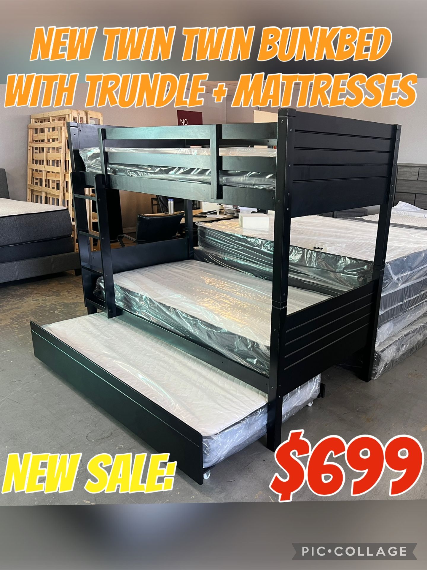 NEW TWIN TWIN BUNKBED WITH TRUNDLE + MATTRESSES