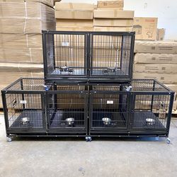 ✨NEW 3-SET 43”HD Double Door Dog Kennel Crate Cage 🐶Tray & Wheels 🦮🐕‍🦺Dimensions: 43”L X 28”W X 26”H ✅  