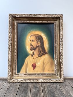 Vintage Framed Sacred Heart Of Jesus Painting - 29 3/4"