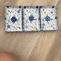 (3) Vintage Floral Ceramic Serving Trays 