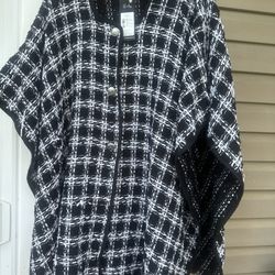 NWT! Karl Lagerfeld Black, White Checks Stole Shawl Wrap Sweater with Buttons