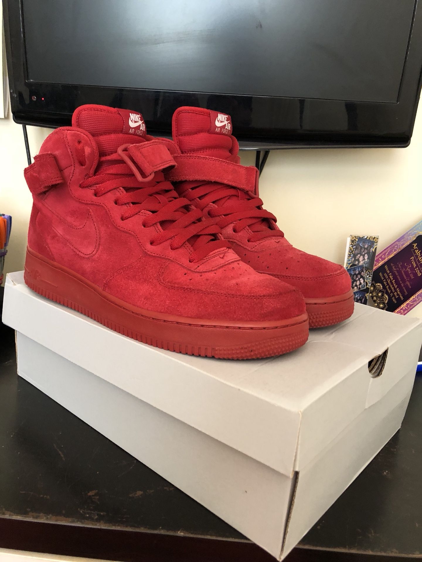 Red suede Air Force 1 mids