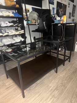 Black Metal and Glass Tables with Shelf - Set of 2
