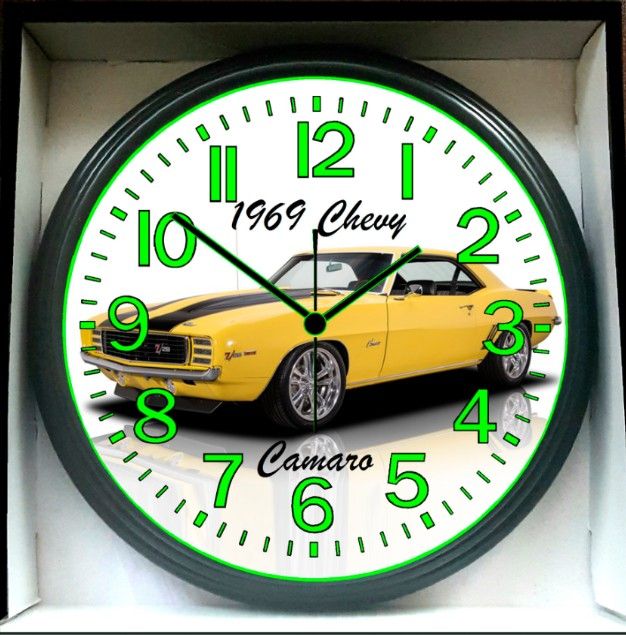 1969 Chevy Camaro Garage Shop Glow In The Dark Wall Clock New!