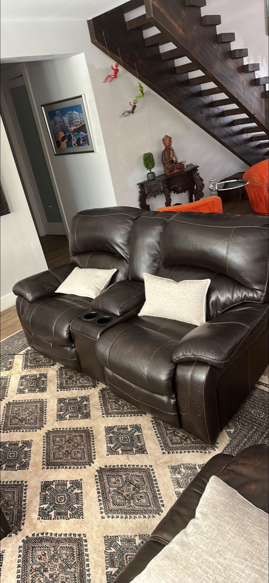 Two Seater Brown Leather Couch With Recliner Very Very Good Condition