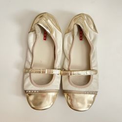 Prada Cream Off White Light Gold mary jane ballet flats 