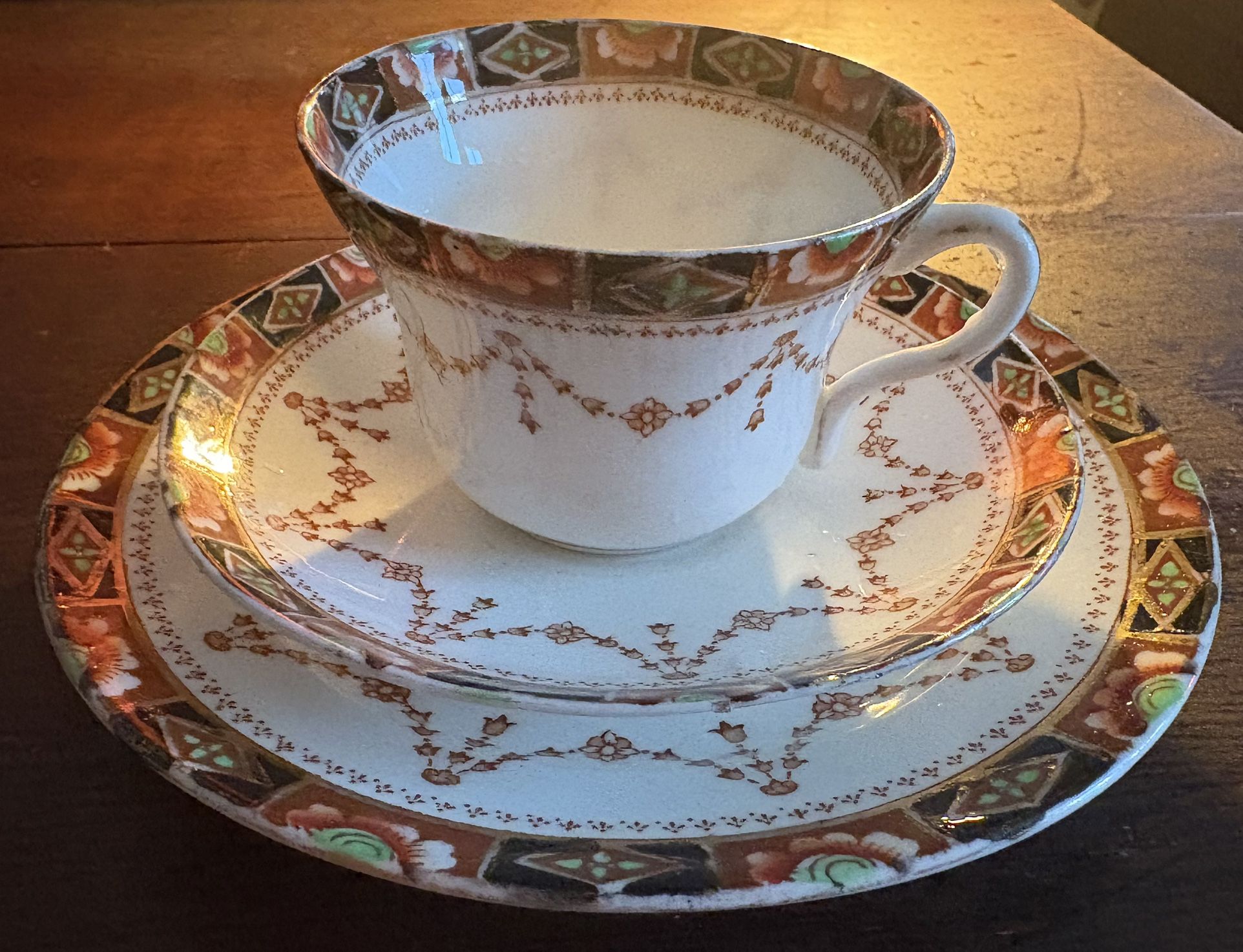 Vtg Antique Sevres Tea Cup Saucer & Plate Set English China G.P. Black Orange