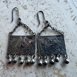 Vintage Silver Import Rectangular Dangle Chain Earrings 