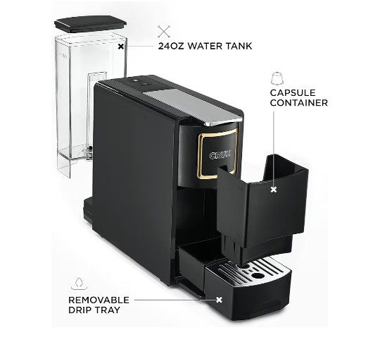 Crux Espresso Machine for Nespresso Pods - Programmable Coffee Brewer Capsule Compatible with Large Removable Water Tank and Drip Tray, Black and Copp