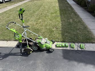 Complete Greenworks Electric Mower Set With 4 Batteries And 2 Chargers!