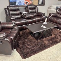 Brand New Three-Piece Living Room, Reclining Sofa, Loveseat, And Recliner, Including Free Delivery