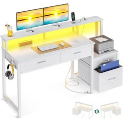 NEW AODK Computer Desk with 4 Drawers, 48 Inch Reversible Desk with Led Lights & Power Outlet WHITE