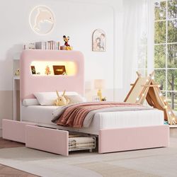 Twin LED Bed Frame with Storage Headboard and Charging Station, Girls Bed Frame with 2 Drawers and USB Ports, Velvet Upholstered Platform B
