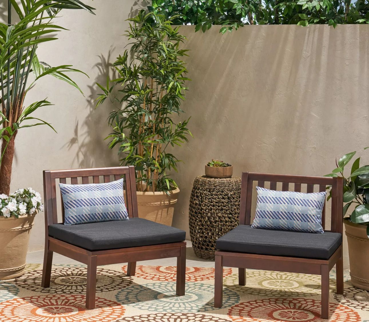 Set Of 2 Acacia Wood Club Chair With Cushion