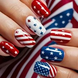 24pcs Patriotic 4th of July Red White & Blue Star Design, Medium Length Square Glossy Press on Nails