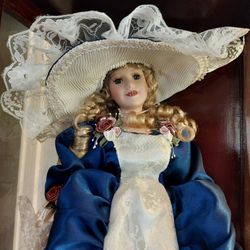 22" Victorian Porcelain Doll - Navy & Lace Gown - Wood Display Case