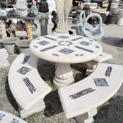 Concrete Mosaic Picnic Table with 3 Benches/ Outdoor Patio Furniture
