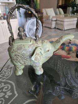 Antique Asian Hand Painted Elephant Monkey Green Tea Pot