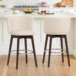 34.5 in. PTLK Beige Fabric 360° Swivel Solid Wood Frame High Back Bar Stool Metal Footrest Counter Height Stool Set of 2