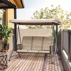  3-Seat Outdoor Porch Swing Chair, Patio Swing Glider with Adjustable Canopy, Breathable Seat, and Steel Frame for Garden, Poolside, Backyard, Gray