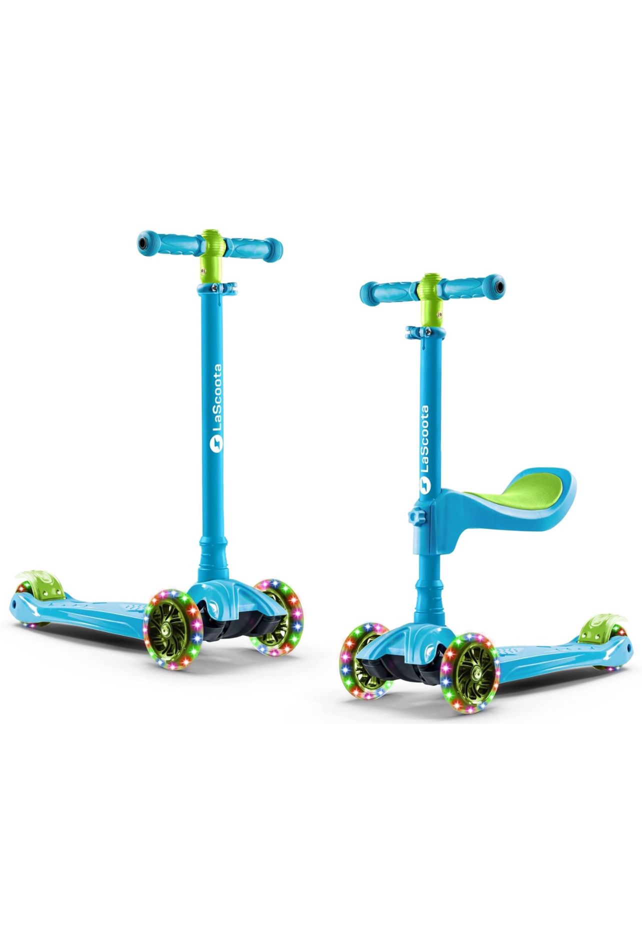 LaScoota 2-in-1 Kids Kick Scooter, Adjustable Height Handlebars and Removable Seat, 3 LED Lighted Wheels and Anti-Slip Deck, for Boys & Girls Aged 3-1