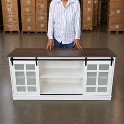 New In Box Heavy Duty TV Television Living Room Entertainment Stand Adjustable Shelf With Sliding Barn Door 