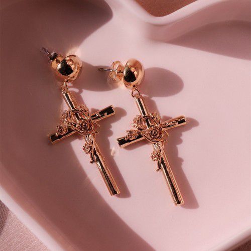 "14K Rose Gold Plated Flower Pattern Religious Cross Drop Dangle Earrings, UNI22406
 
