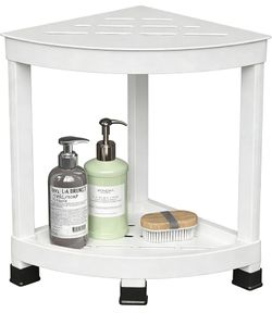 allopFun Corner Shower Stool for Inside Shower, Waterproof Shower Bench for Shaving Legs, Plastic Anti-Fracture Shower Seat/Foot Rest with Baffle Stor
