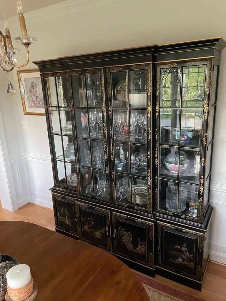 Union National Black lacquer Chinoiserie China Cabinet
