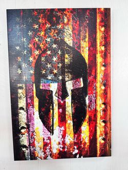 Distressed American Flag & Spartan Helmet Canvas 20” x 30”