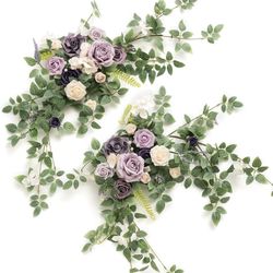 Ling's Moment 2PCS Artificial Floral Swags Centerpieces Wedding Flower Purple Rose Garland Greenery Arrangements for Sweetheart Head Table Decor Car W