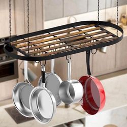 BRAND NEW (33"x 16.5"x 1.2")Ceiling Pot Rack with 12 Hooks,Pot and Pan Hanger Made of Wood and Iron(Black)