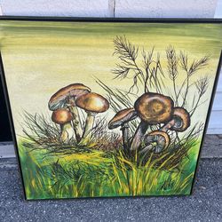 Vintage Mid Century Mushrooms Psychedelic Influence Canvas Painting by J Walker. Light cosmetic wear, has slight smoke smell  37x37in