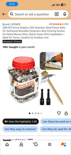 200 PCS Fence Staples–304 Stainless Steel Fence Nails for Softwood Reusable Fasteners Wire Fencing Screws for Mesh/Woven Wire, Quick Power Drill Insta