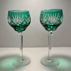 Set of 2 Caroline Emerald Green Cased Cut to Clear Crysyal Vintage Wine Goblets